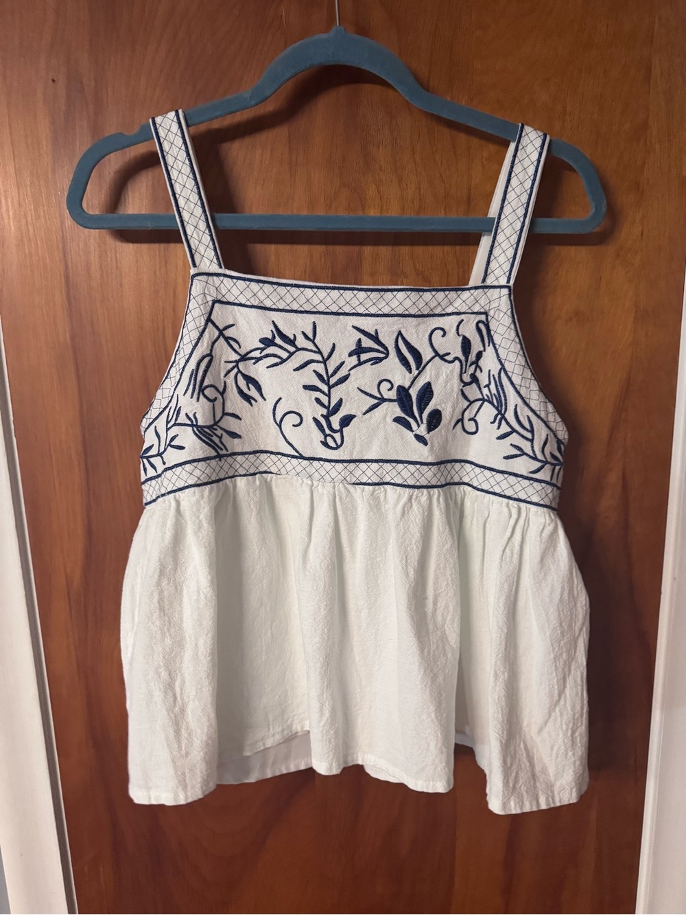 White Embroidered Square-Neck Tank Top